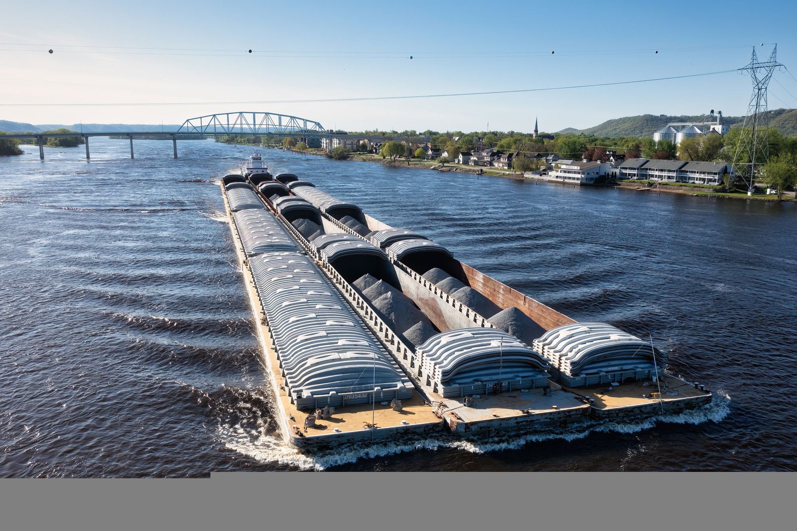 Cargo barges traveling along the Mississippi River near a small river town